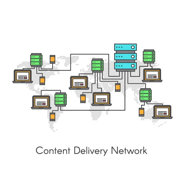 Content Delivery Network of distributie van Content netwerk Cdn — Stockvector