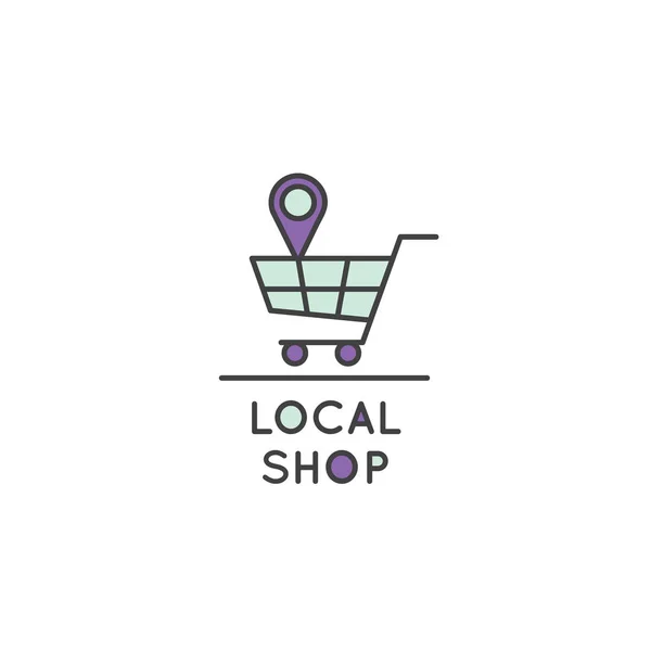 Lokale Store, markt, supermarkt, kruidenier met boodschappentas en Geo-Tag — Stockvector