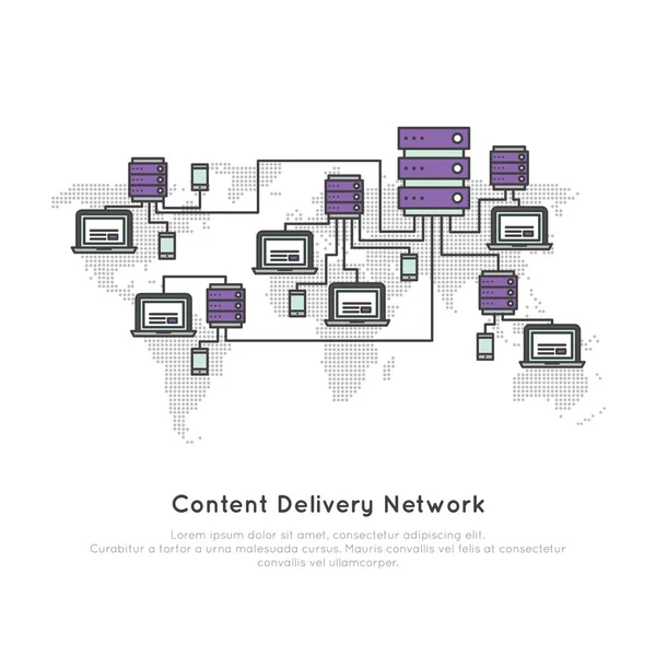 Rede de Entrega de Conteúdo ou Rede de Distribuição de Conteúdo CDN — Vetor de Stock