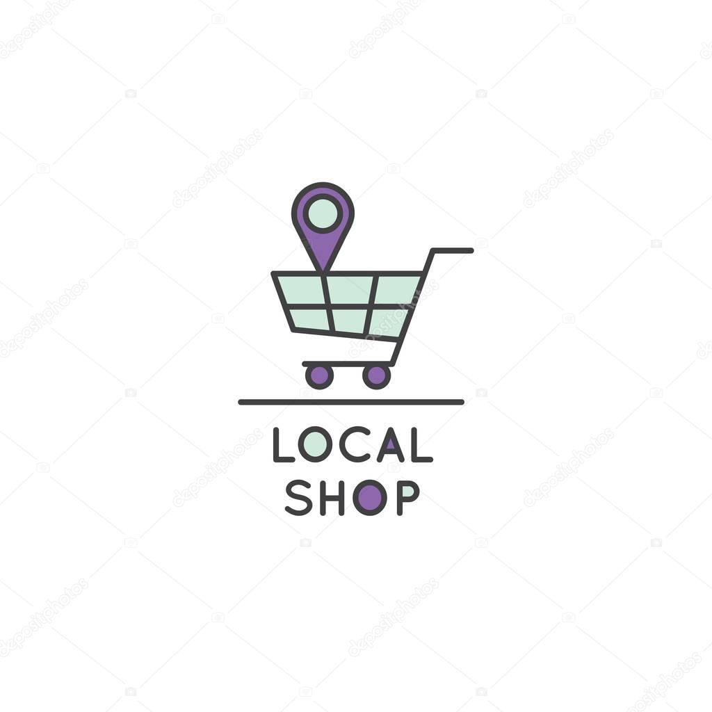 Vector Icon Style Illustration Logo of Local Store, Market, Supermarket, Grocery Shop with Shopping Bag and Geo Tag