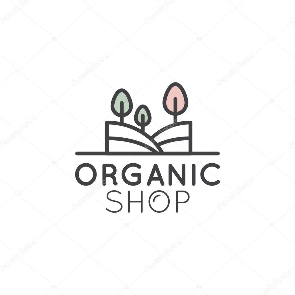 Vector Simple Icon Style Illustration Logo for Organic Shop or Market, Minimal Simple Badge with Leafs and Trees