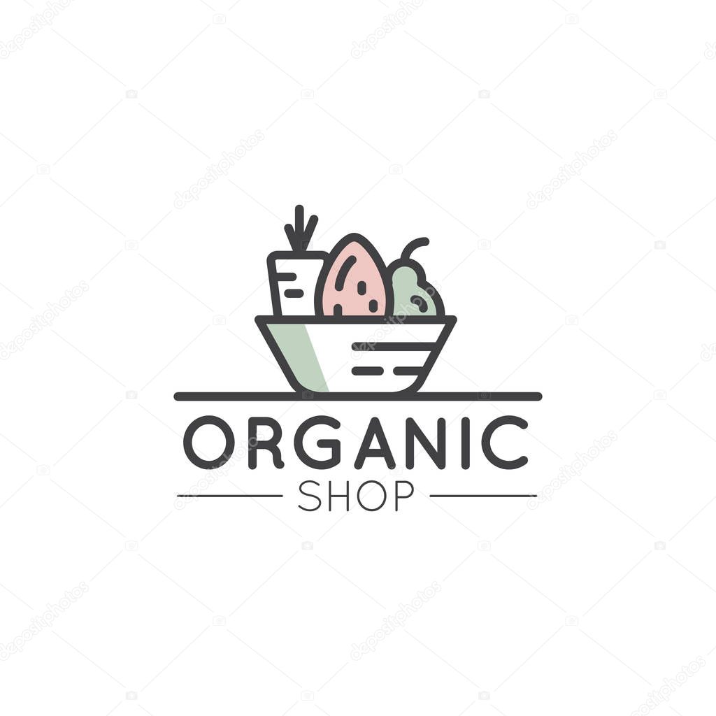Vector Simple Icon Style Illustration Logo for Organic Shop or Market, Minimal Simple Badge with Fresh Vegetables in a Basket