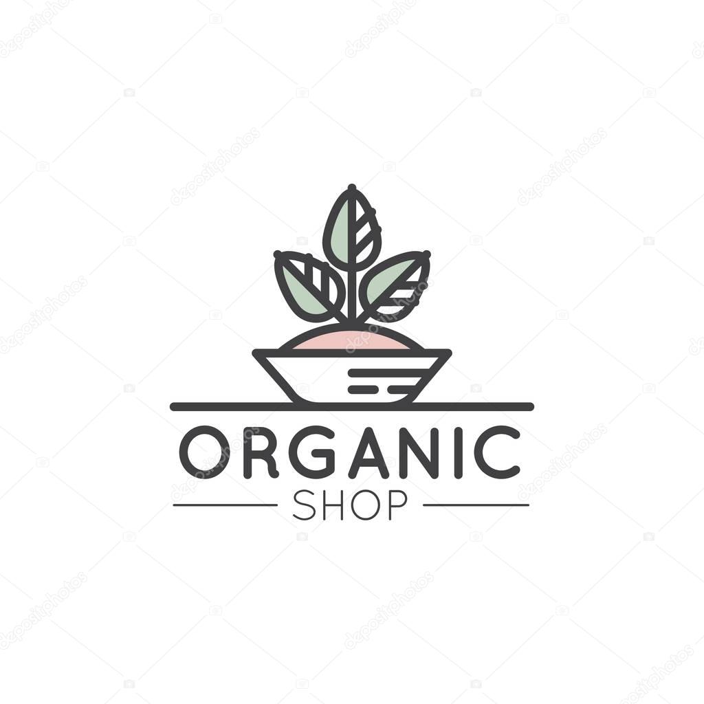 Vector Simple Icon Style Illustration Logo for Organic Shop or Market, Minimal Simple Badge with Leafs and Trees