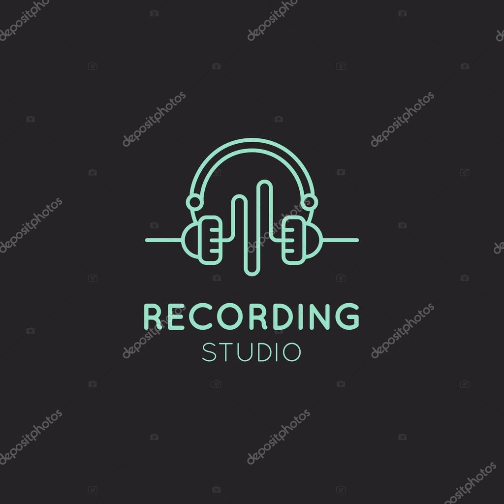 Simple Vector Icon Style Music Logos. Recording Studio Label. Podcast and Radio Badge with Sample Text. Design with Waves, Headphones and Mixing console