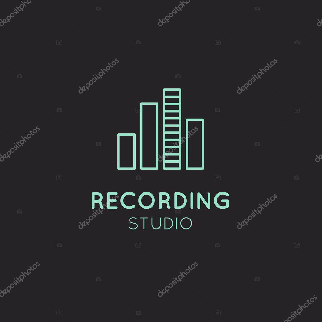 Simple Vector Icon Style Music Logos. Recording Studio Label. Podcast and Radio Badge with Sample Text. Design with Waves, Headphones and Mixing console