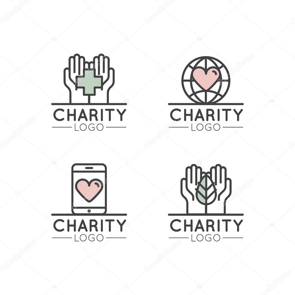 Vector Icon Style Illustration Logo Set for Nonprofit Organizations and Donation Centre. Fundraising Symbols, Crowdfunding and Charity Project Label