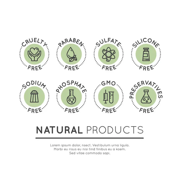 OGM, SLS, Paraben, Crueldad, Sulfato, Sodio, Fosfato, Silicona, Conservante Free Organic Product Stickers — Archivo Imágenes Vectoriales