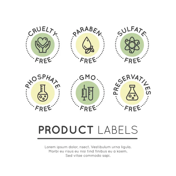 OGM, SLS, Paraben, Crueldad, Sulfato, Sodio, Fosfato, Silicona, Conservante Free Organic Product Stickers — Archivo Imágenes Vectoriales