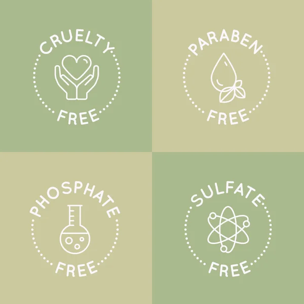 OGM, SLS, Paraben, Crueldad, Sulfato, Sodio, Fosfato, Silicona, Conservante Free Organic Product Stickers — Vector de stock