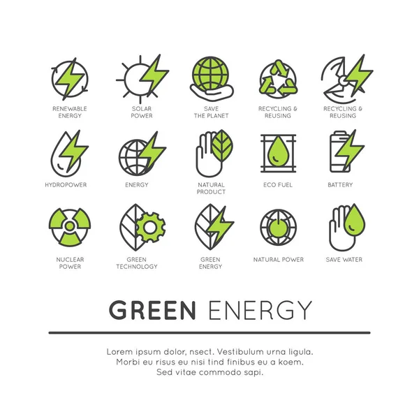 Eine Reihe von Symbolen für Umwelt, erneuerbare Energien, nachhaltige Technologie, Recycling und ökologische Lösungen — Stockvektor