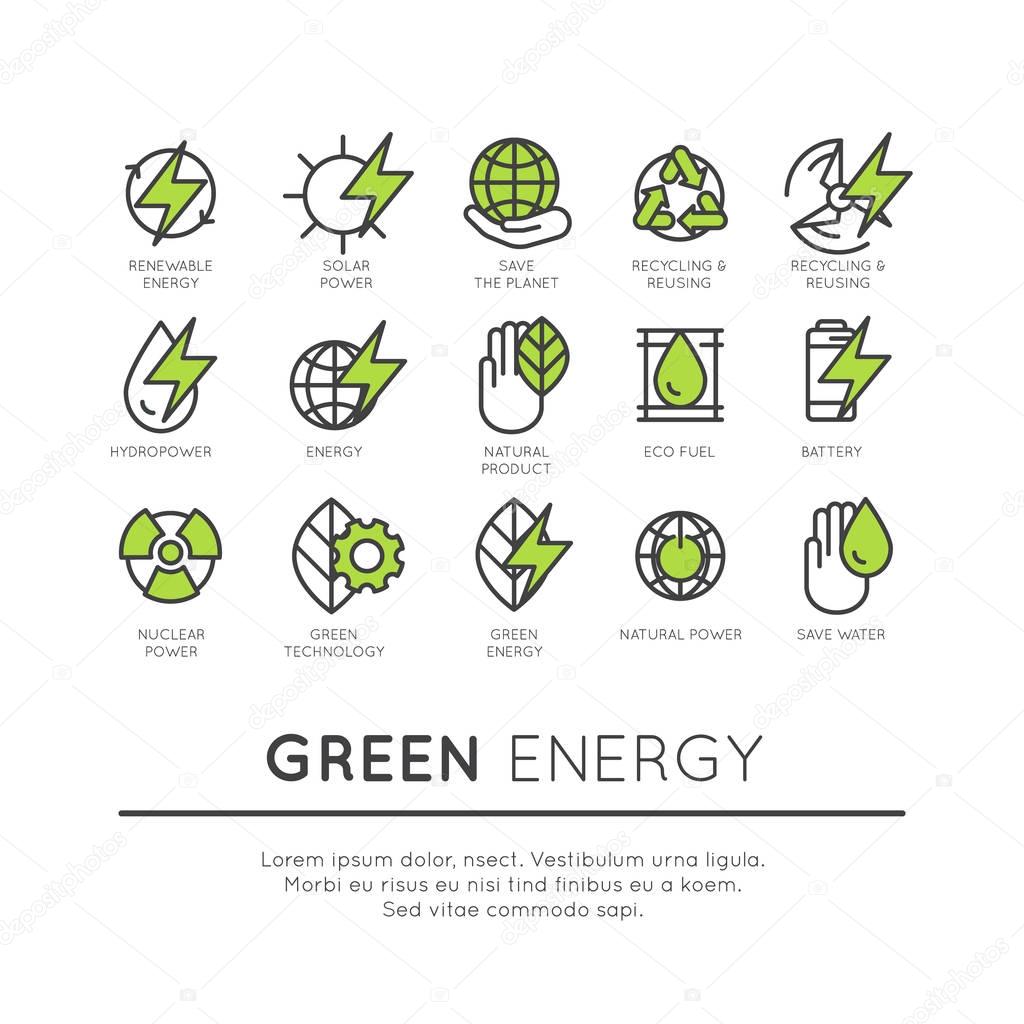 Set of thin line icons of environment, renewable energy, sustainable technology, recycling, ecology solutions