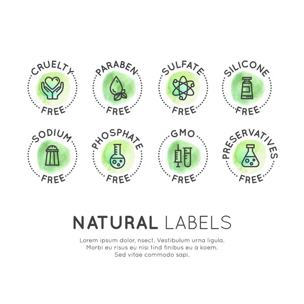 Ilustração de aquarela Logo Set Ingrediente de emblema Ícones de etiqueta de advertência —  Vetores de Stock