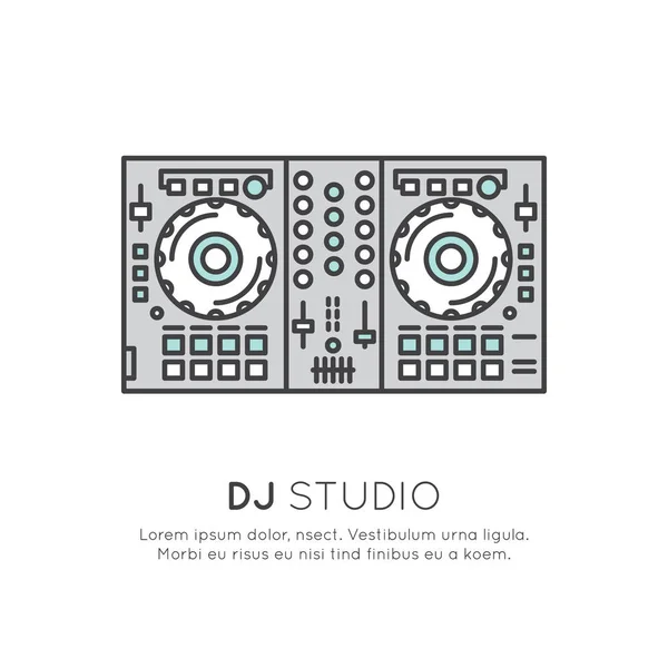 Gravando Studio Label. Podcast e Distintivo de Rádio com Texto de Amostra. Design com Mixing console DJ —  Vetores de Stock