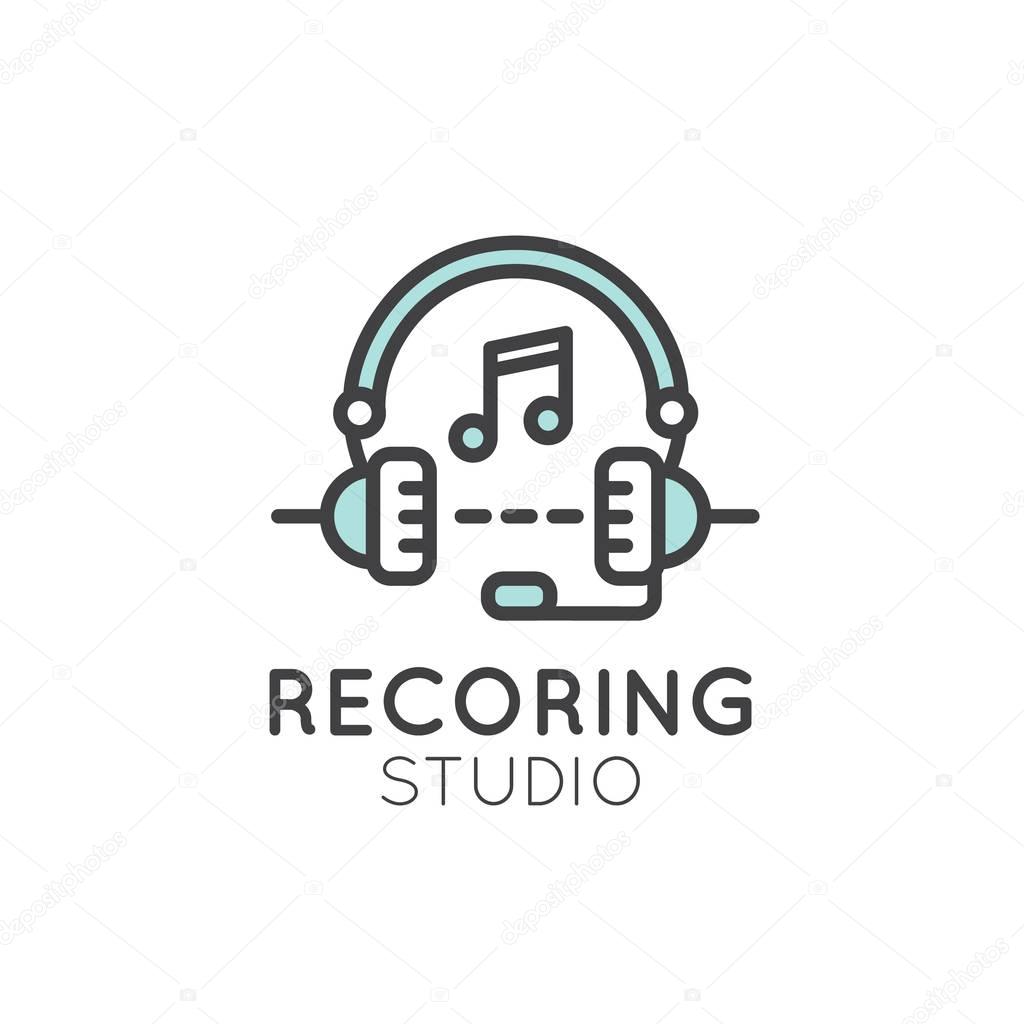 Simple Vector Icon Style Music Logos. Recording Studio Label. Podcast and Radio Badge with Sample Text. Design with Waves, Headphones and Mixing console