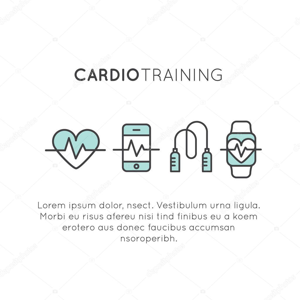 Vector Icon Style Illustration Logo of  cardio training, fitness and gym workout object. Healthy lifestyle, Bodybuilding and Heart beat pulse, Mobile Tracking App and Watch, Heart, Skipping Rope