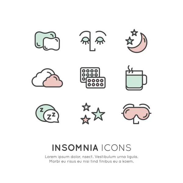 Sömnproblem och sömnlöshet ikoner — Stock vektor