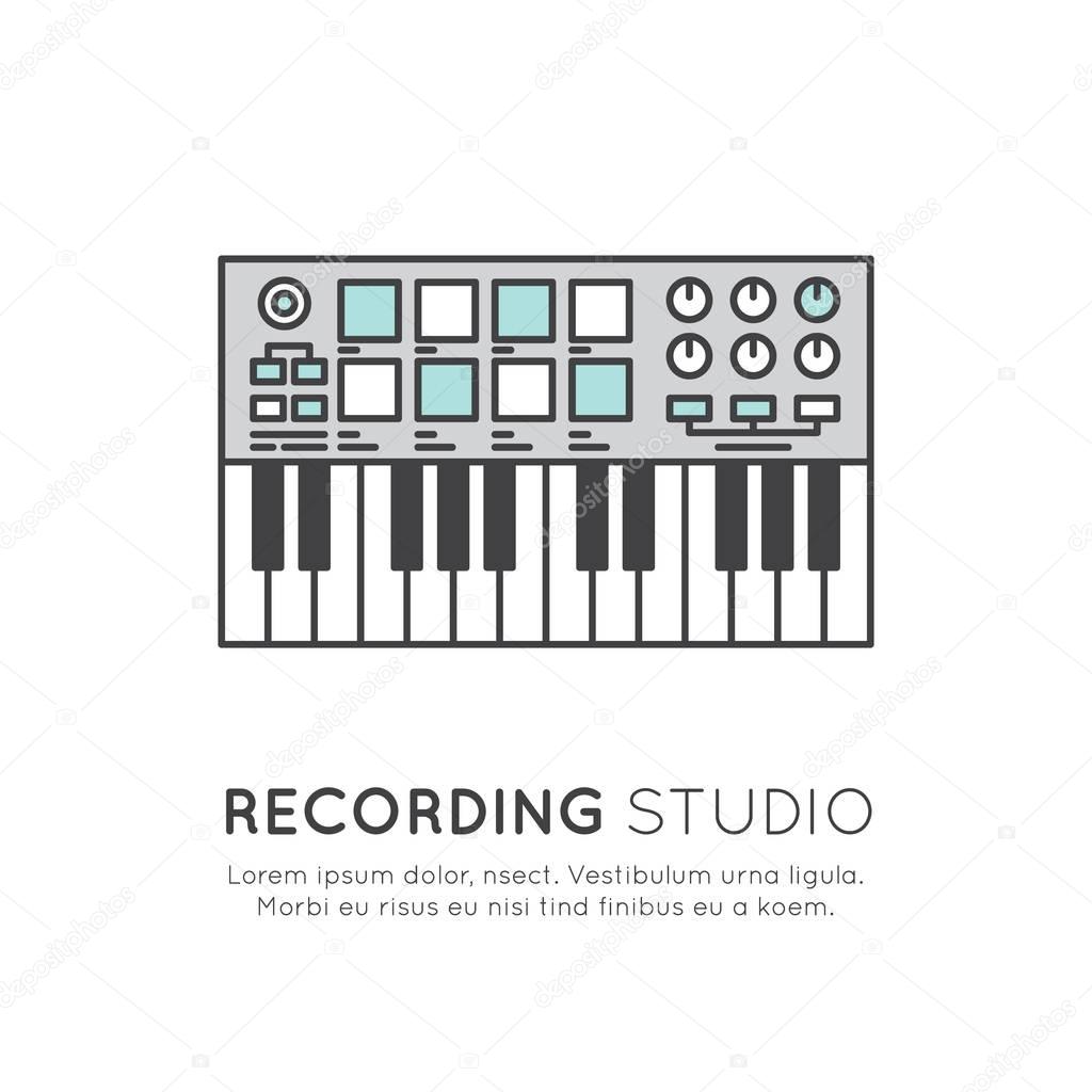 Simple Vector Icon Style Music Logos. Recording Studio Label. Podcast and Radio Badge with Sample Text. Design with Mixing console DJ, Rack, Midi Keyboard, Pad and Controller