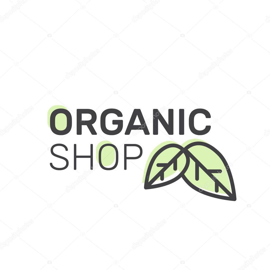Vector Simple Icon Style Illustration Logo for Organic Shop or Market, Minimal Simple Badge with Leafs, Tree, Field and Herbs