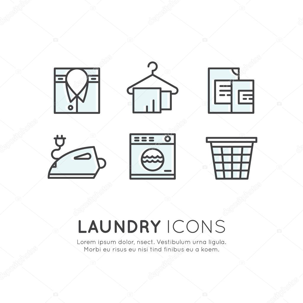 Logo Set Collection of Laundry Service, Washing and Clening Up Clothes, Dry Cleaning, Drying, Ironing and Household Car