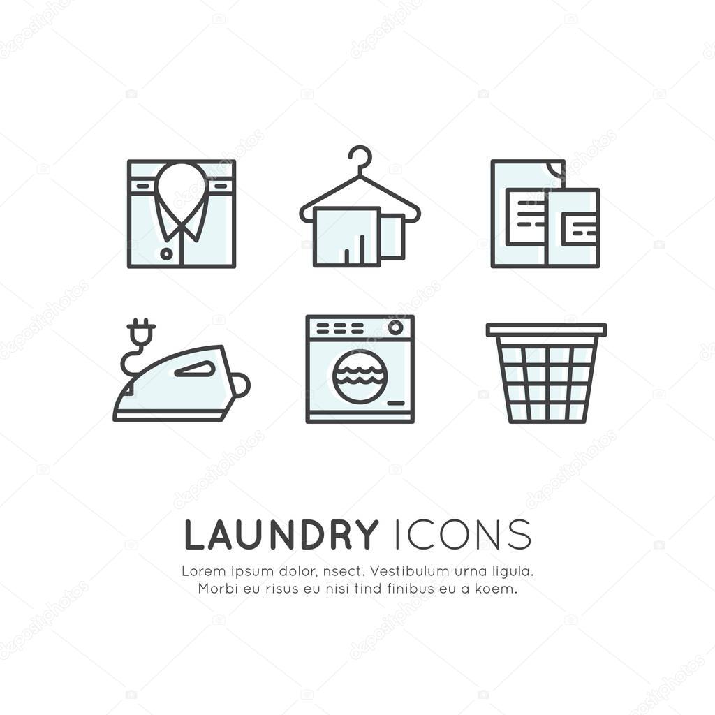 Vector Icon Style Illustration Logo Set Collection of Laundry Service, Washing and Clening Up Clothes, Dry Cleaning, Drying, Ironing and Household Care, Isolated Web Collection
