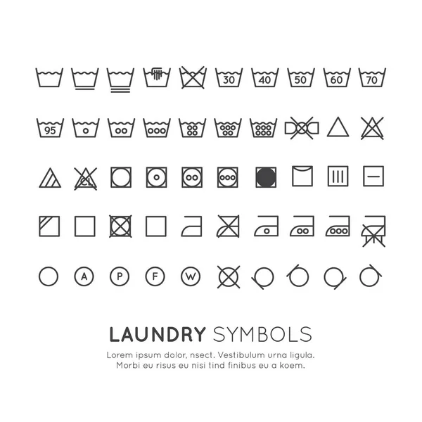 Os símbolos nos rótulos de roupas lavar, torcer, secar, passar, design de linha fina. Sinais lineares convencionais — Vetor de Stock