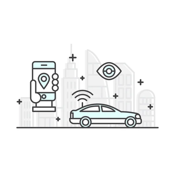 Pojem Rent a Car, nákup taxíka, automatické sledování, inteligentní mobilní aplikace — Stockový vektor