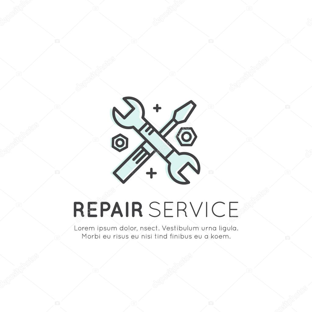 Vector Icon Style Illustration Concept of repair company or plumbing service, maintenance office, Isolated Logo