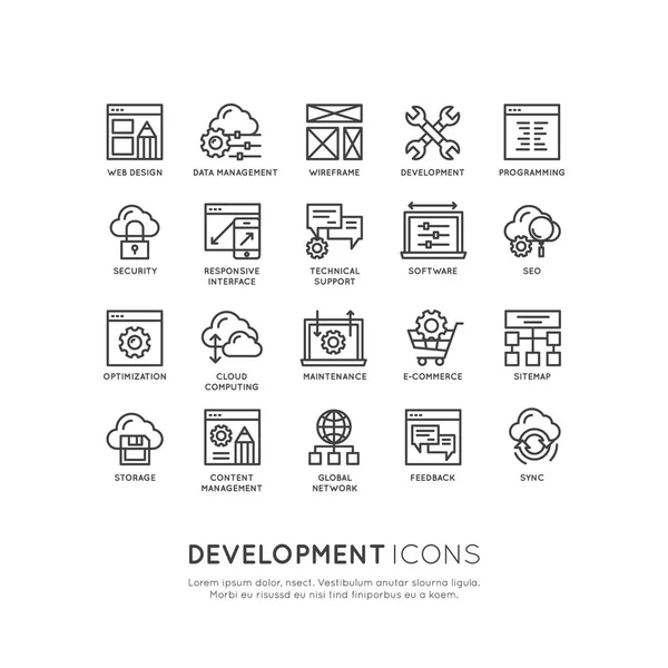 Vector Icon Style Illustration Logo Conjunto de herramientas y procesos de desarrollo web, móvil y de aplicaciones — Vector de stock