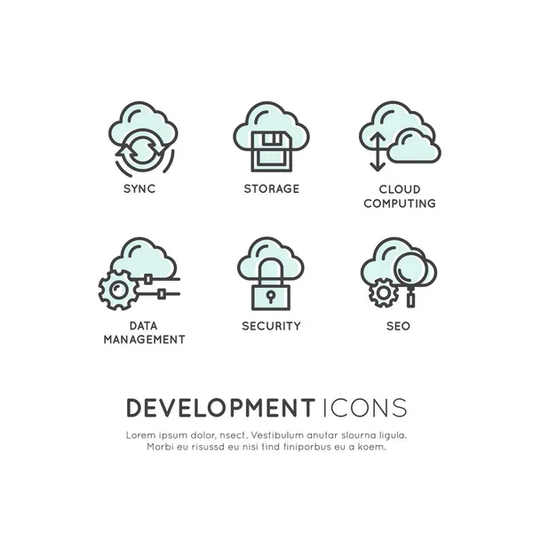 Strumenti e processi di sviluppo Web, Mobile e App, Cloud Security, Hosting, Seo, Sync, Storage — Vettoriale Stock