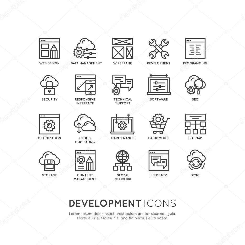 Vector Icon Style Illustration Logo Set  of Web, Mobile and App Development tools and processes