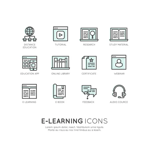 Conjunto de servicios de E-learning, educación en línea, soporte, webinar, presenatation, e-book, certificate, feedback — Archivo Imágenes Vectoriales