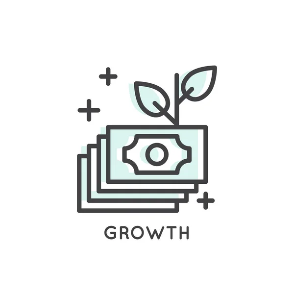 Crescer a partir de sementes com três folhetos; Iniciar; Nova ideia; Crescimento; Fluxo de dinheiro; Renda; Conceito de estratégia de negócios e finanças — Vetor de Stock