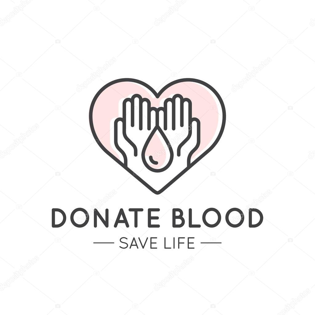 Vector Icon Style Illustration Card Logo or Poster Template with Charity and Fundraising Objects. Blood Donation Slogan, Volunteer Poster. Funsraising Event Brochure Template