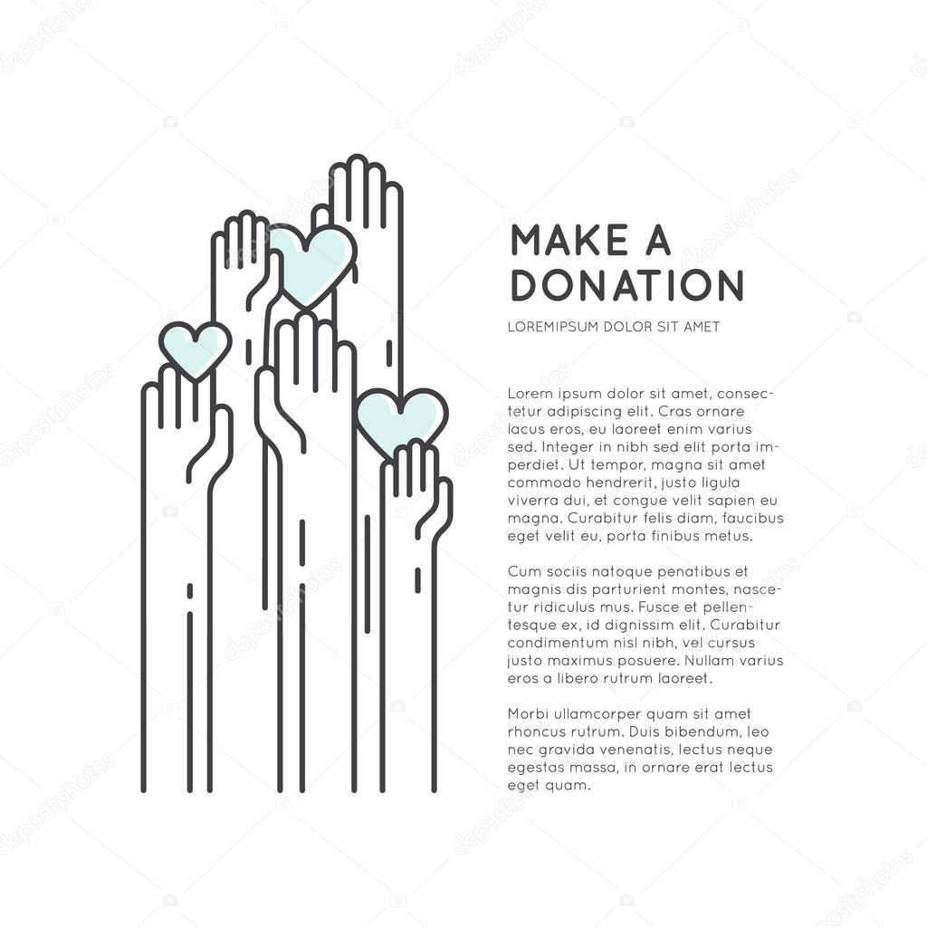 Card or Poster Template with Charity and Fundraising Objects. Volunteer Poster. Rising Hands for Help, Funsraising Event Brochure Template