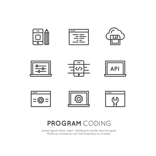 A logót meg a kódírási App a mobil és a Web, Seo, optimalizálás, kártya, fejlesztési folyamat — Stock Vector