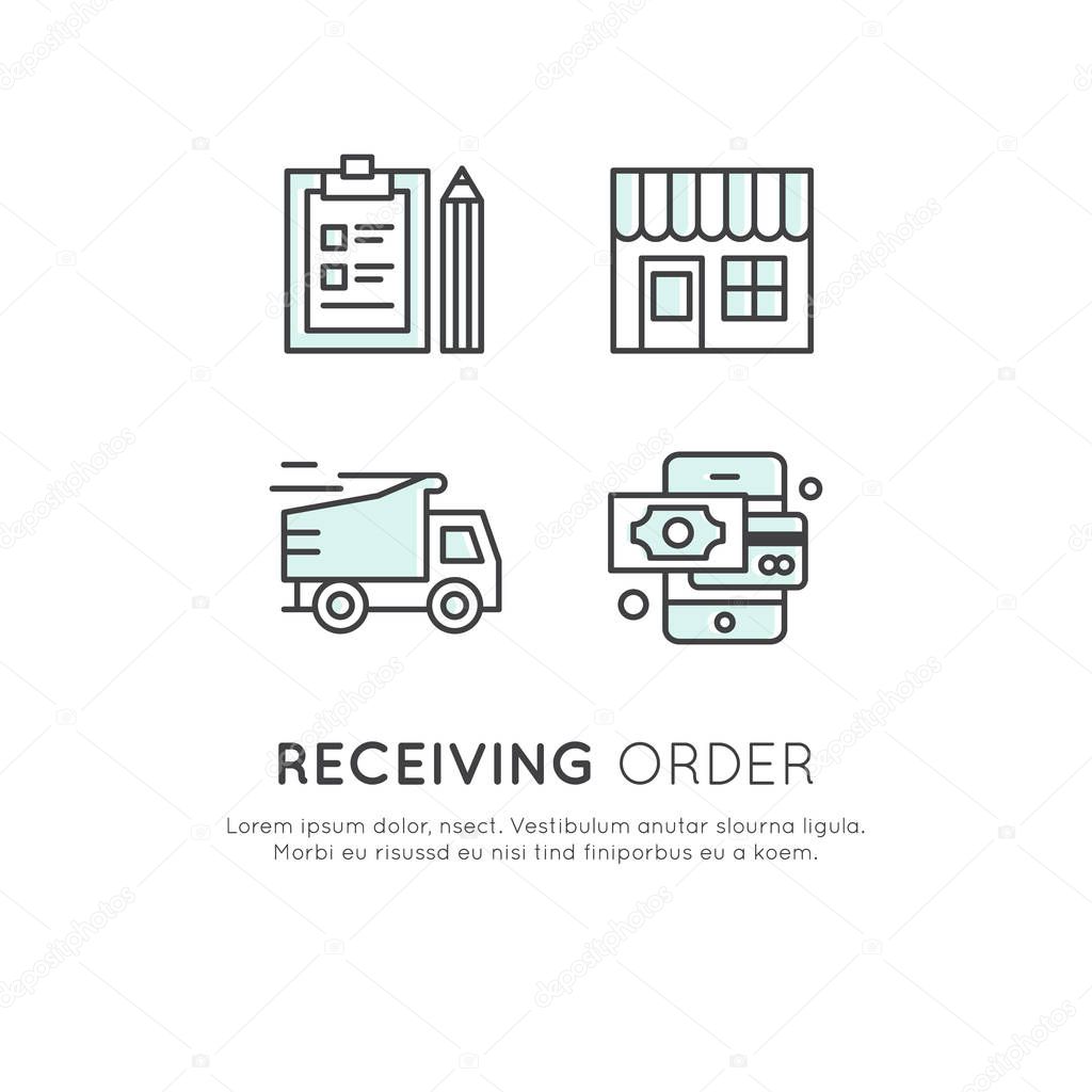 Card Logo Set of Internet shopping process - shop building with awning, online mobile paymen