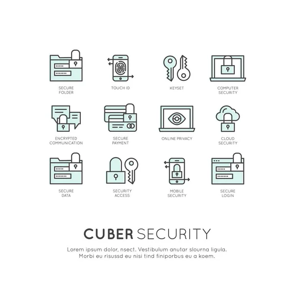 Conjunto de Cuber Seguridad, Acceso Seguro, Protección de Red y Privacidad — Vector de stock