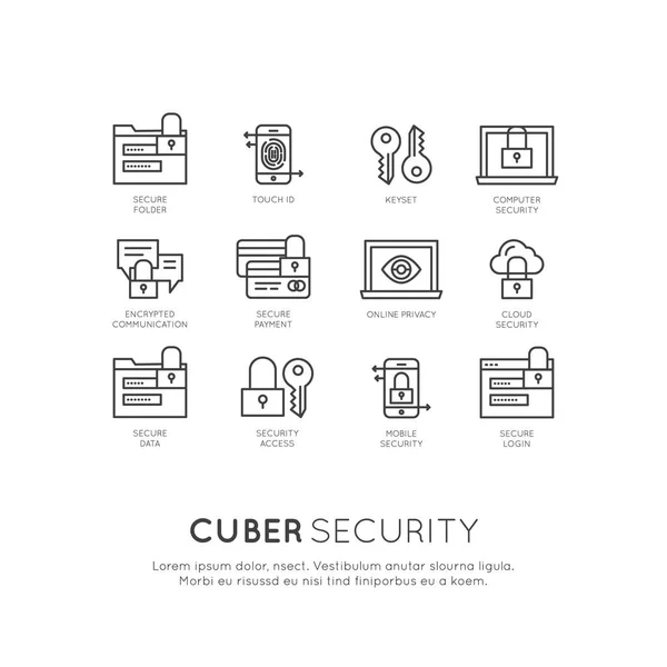 Conjunto de Cuber Seguridad, Acceso Seguro, Protección de Red y Privacidad — Vector de stock