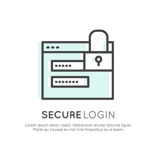 Seguridad Cuber, Acceso Seguro, Pago, Login, Comunicación Encriptada, Protección de Redes y Privacidad — Vector de stock