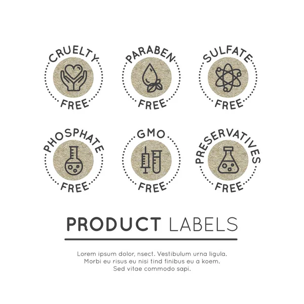 Logo Set Badge Ingredient Warning Label Iconos. OGM, SLS, Paraben, Crueldad, Sulfato, Sodio — Vector de stock