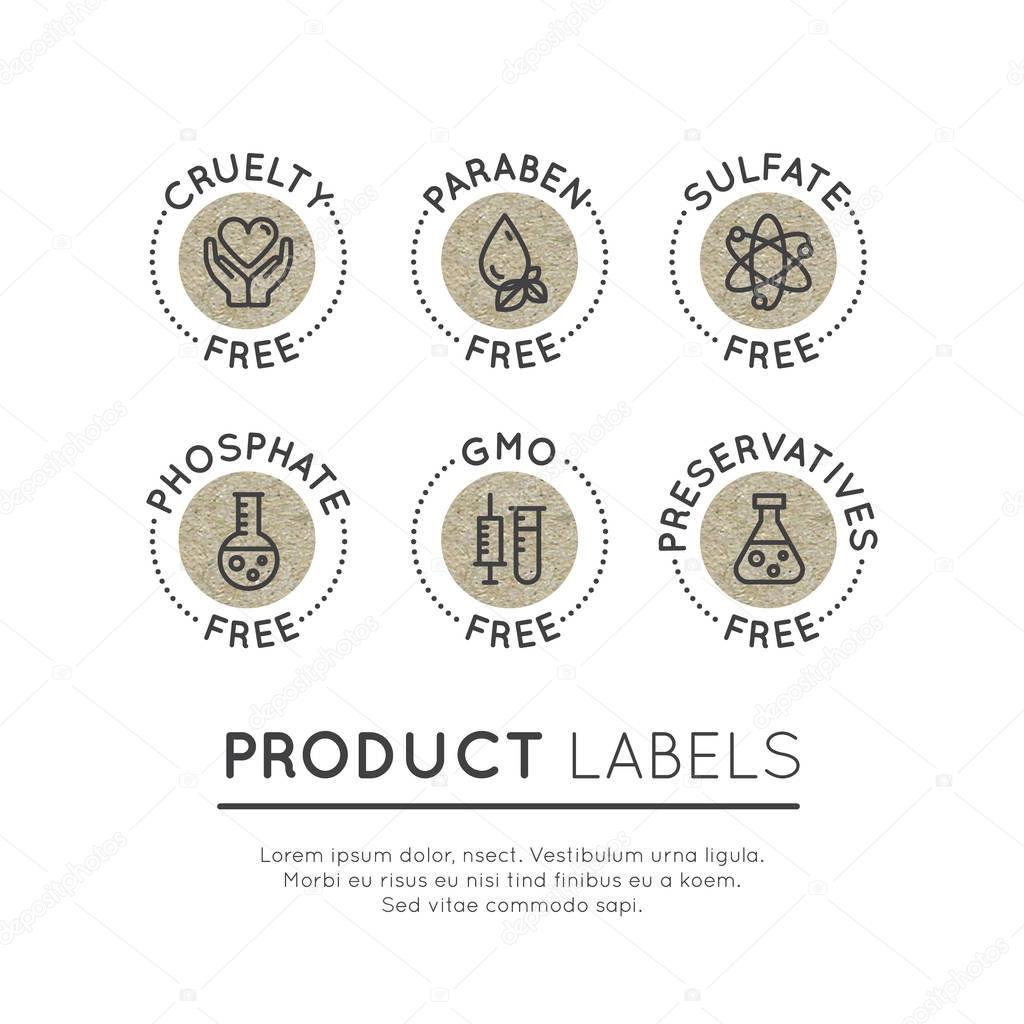 Logo Set Badge Ingredient Warning Label Icons. GMO, SLS, Paraben, Cruelty, Sulfate, Sodium