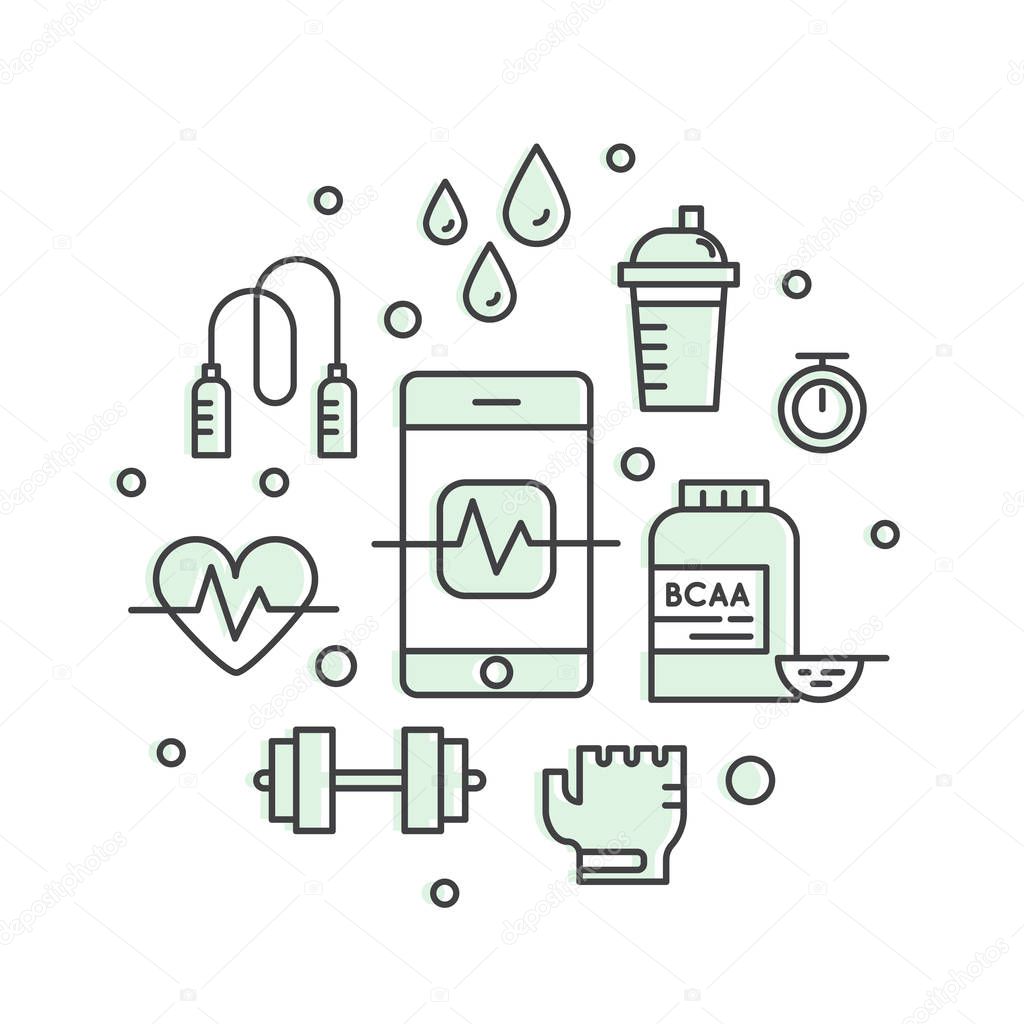 Collection of vector line style logos with weightloss, active lifestyle and gym training elements. Fitness and active lifestyle symbols. Line logotype collection.