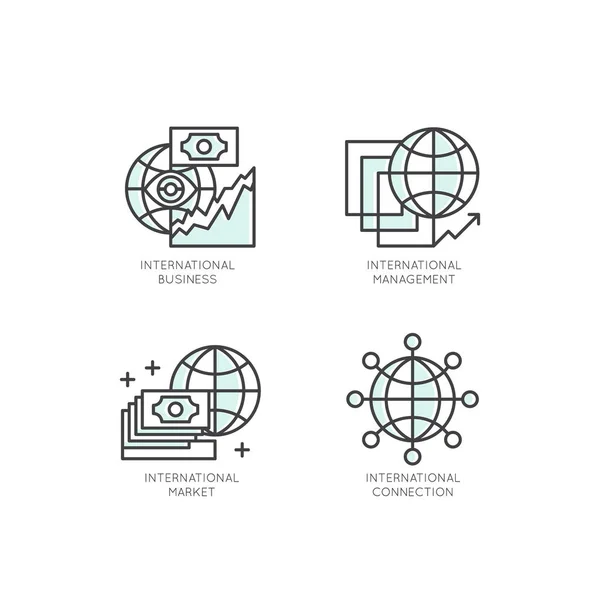 Logo de Negocios Internacionales, Gestión, Marketing, Mercado, Conexión, Concepto de Diseño Lineal Aislado — Archivo Imágenes Vectoriales
