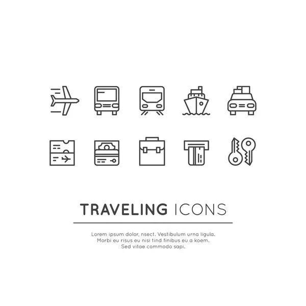 Logotipo Conjunto de viaje, viaje en barco y coche, vuelo, billete de tren, dinero y llave, concepto de diseño lineal aislado — Archivo Imágenes Vectoriales