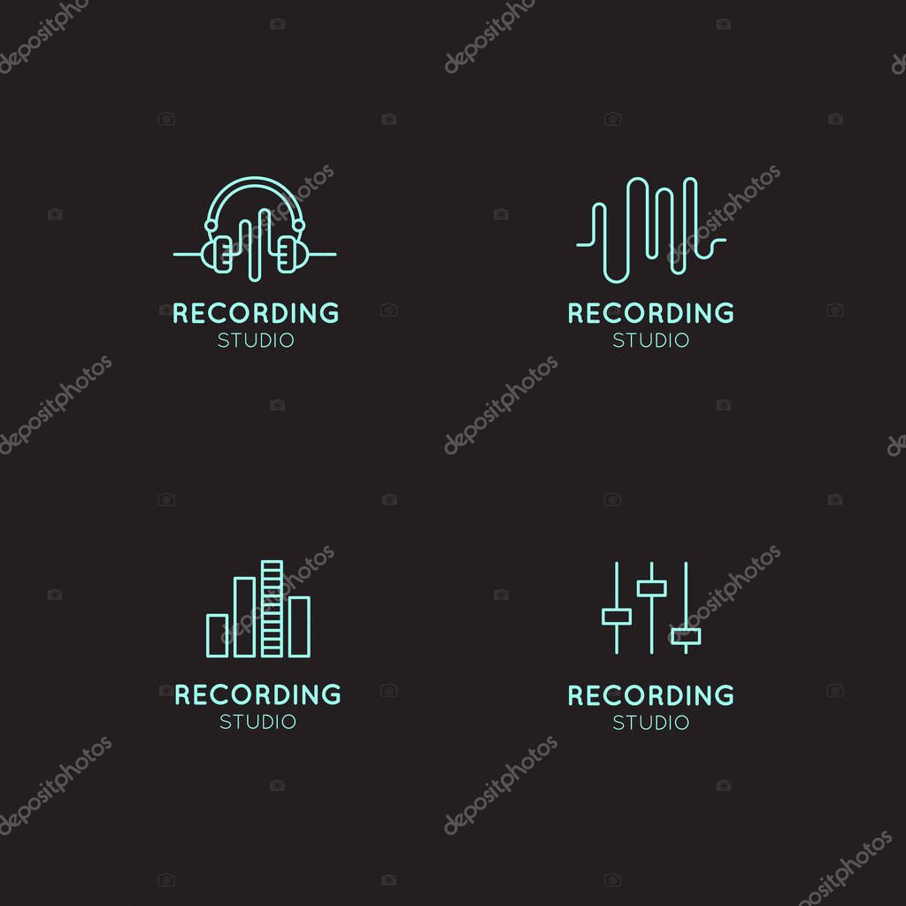 Simple Vector Icon Style Music Logo Set. Recording Studio Labels. Podcast and Radio Badge with Sample Text. Design with Waves, Headphones and Mixing console