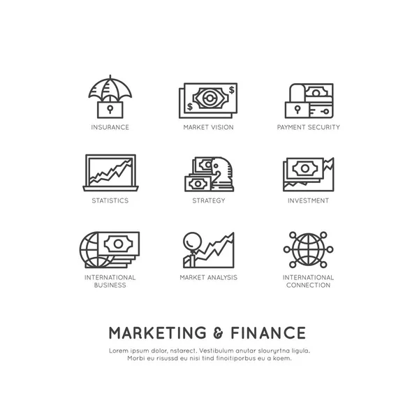 Illustratie van Marketing en Financiën, Business visie, investeringen, beheerproces, Finance werk, inkomen, inkomstenbron, Marketing vaardigheden — Stockvector