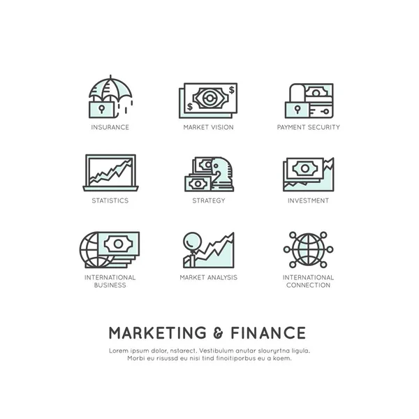 Marketing en Finance, Business visie, investeringen, proces, financiering bron van werk, inkomen, inkomsten, Marketing vaardigheden — Stockvector