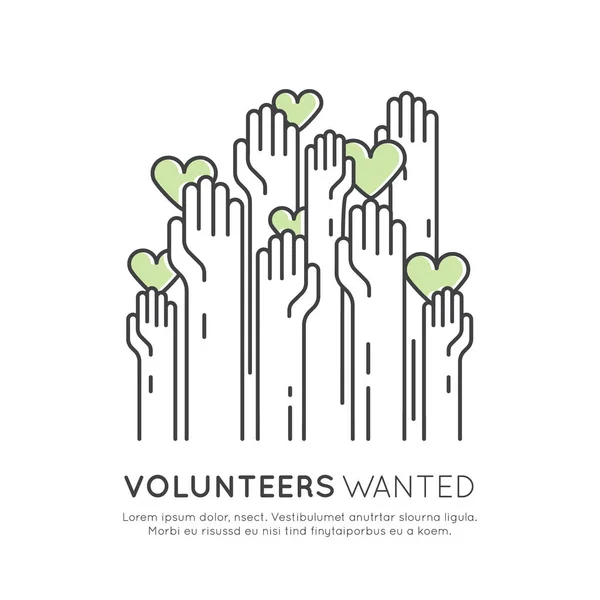 Objetos de caridad y recaudación de fondos. Cartel de Voluntarios. Levantando las manos para obtener ayuda, Evento de recaudación de fondos — Archivo Imágenes Vectoriales