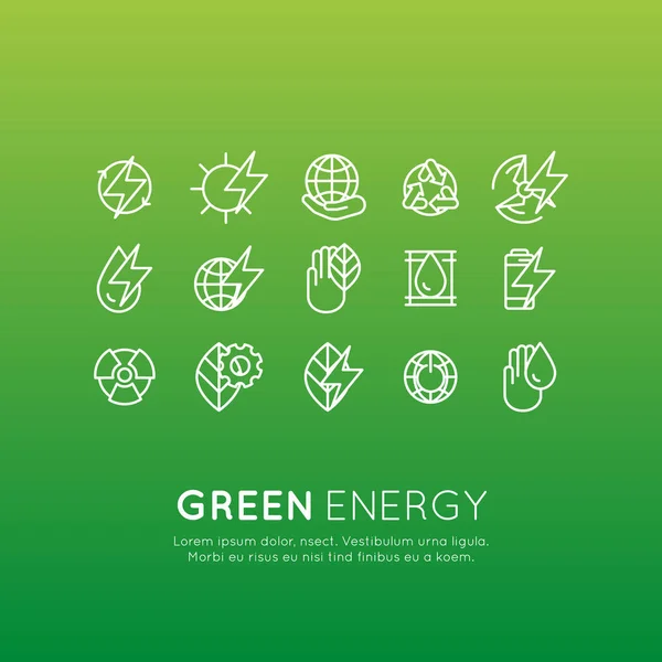 リサイクル、エコロジー ソリューション環境、再生可能エネルギー、持続可能な技術の細い線アイコンのロゴを設定 — ストックベクタ