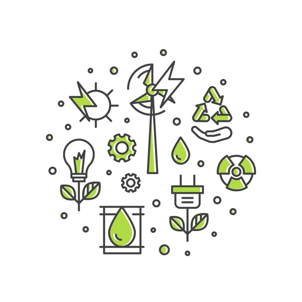 Plantilla de diseño con iconos de línea delgada de medio ambiente, energía renovable, tecnología sostenible, reciclaje, soluciones ecológicas — Vector de stock